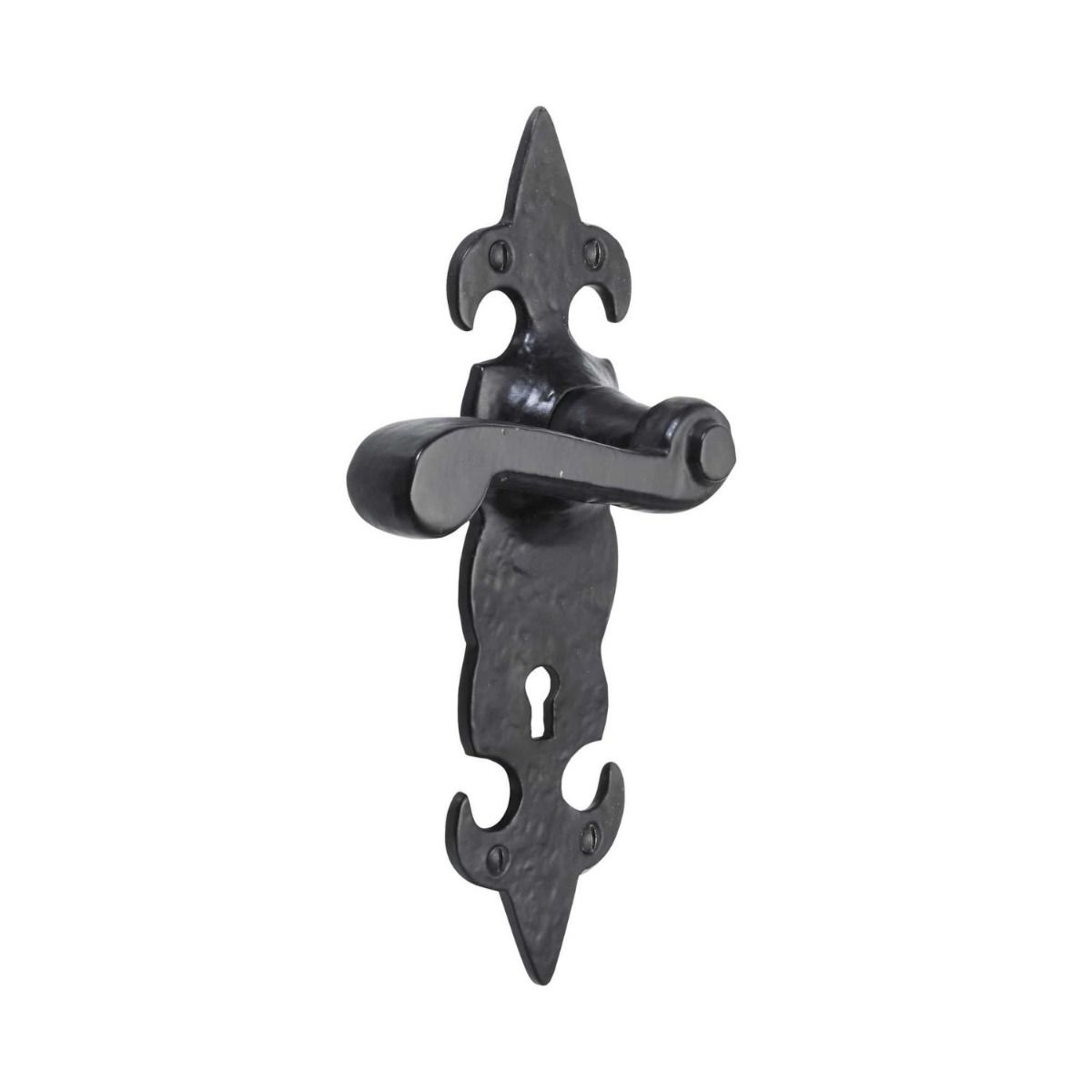 The Black Antique Fleur-de-Lis Lock Handles - Large 210mm Keyhole Lever Pair on a White Background 