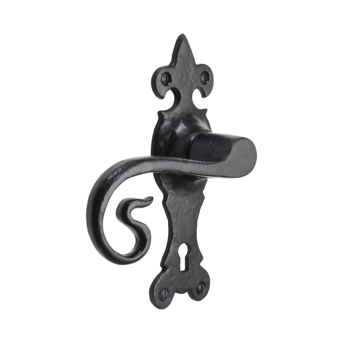 The Black Antique Fleur-de-Lis Lock Handles - Ornate Monkey Tail Keyhole Lever Pair on a White Background 