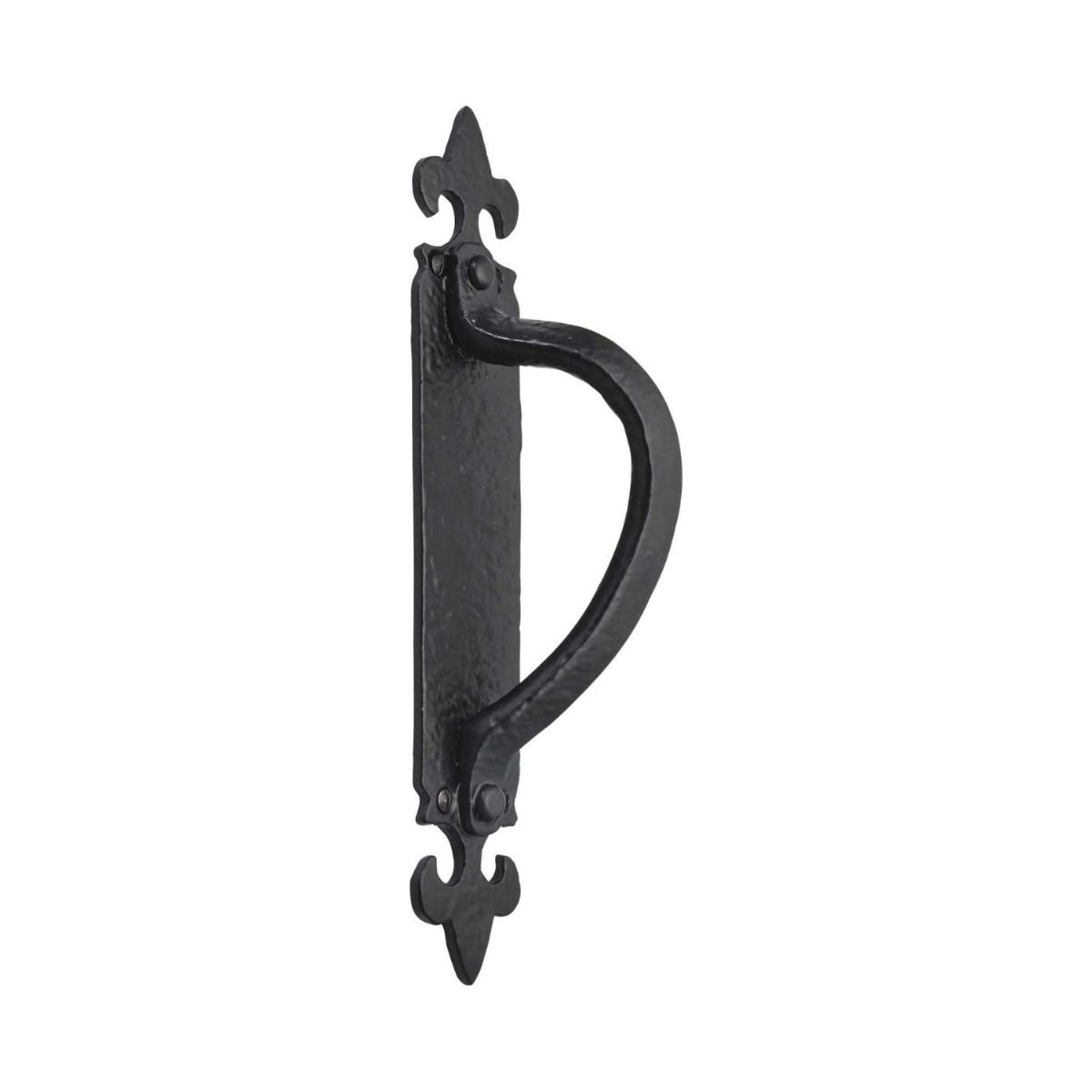 The Black Antique Fleur-de-Lis Right Handed Pull Handle - Large 265mm Cranked Barn Door Grab on a White Background 