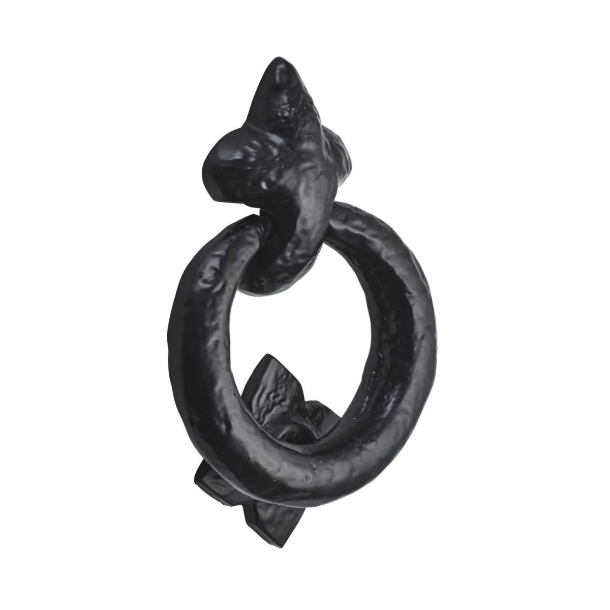 The Black Antique Fleur-de-Lis Ring Door Knocker - 95mm Traditional Entrance Set on a White Background