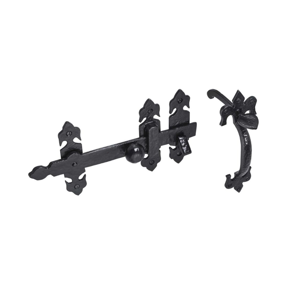 The Black Antique Fleur-de-Lis Thumb Latch - 203mm Heavy Duty Suffolk Door Handle on a White Background on a White Background