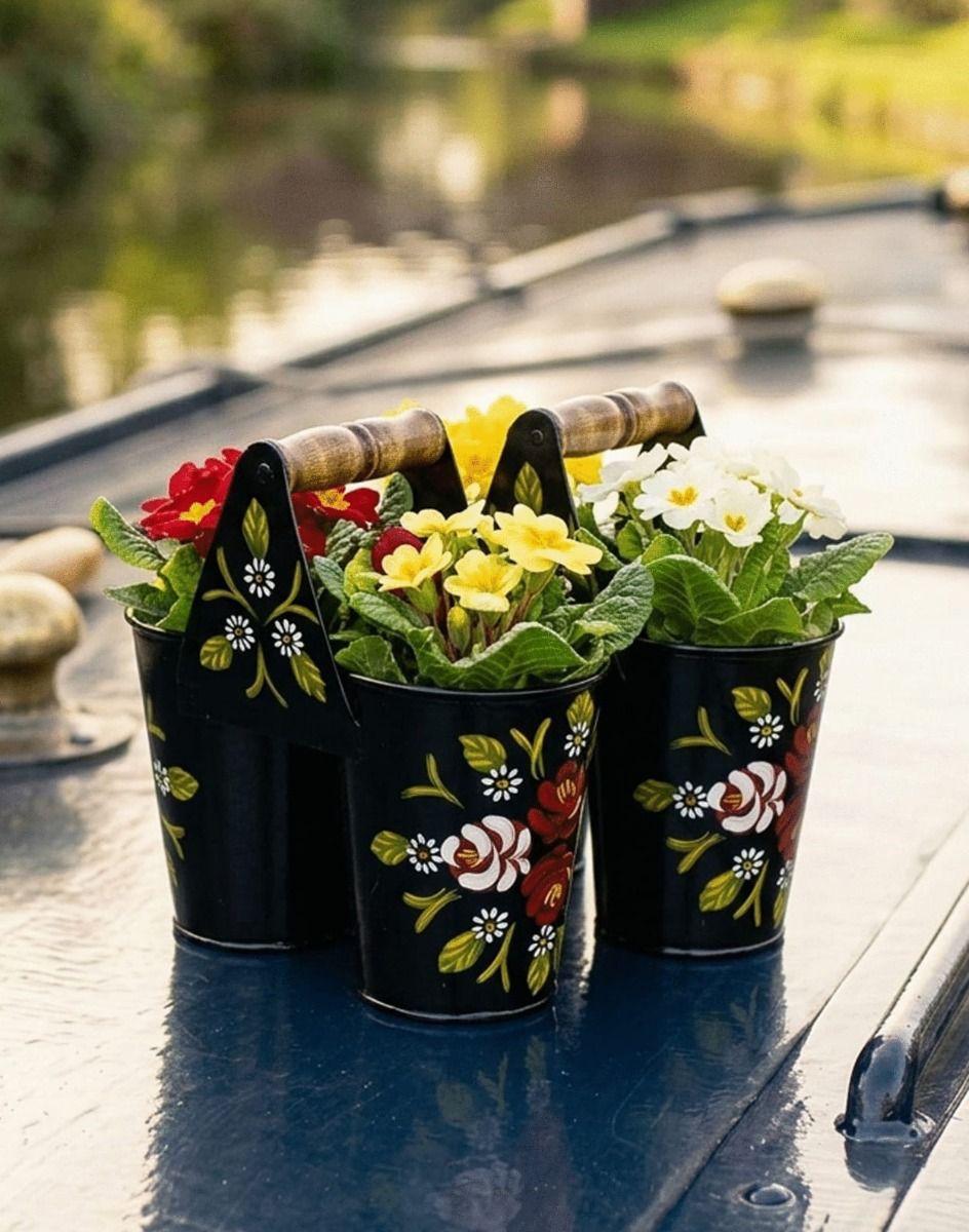 The Black Canal Art Style Double Bucket Planter Displayed with Flowers on Top of a Narrow Boat - Digital Illustration 