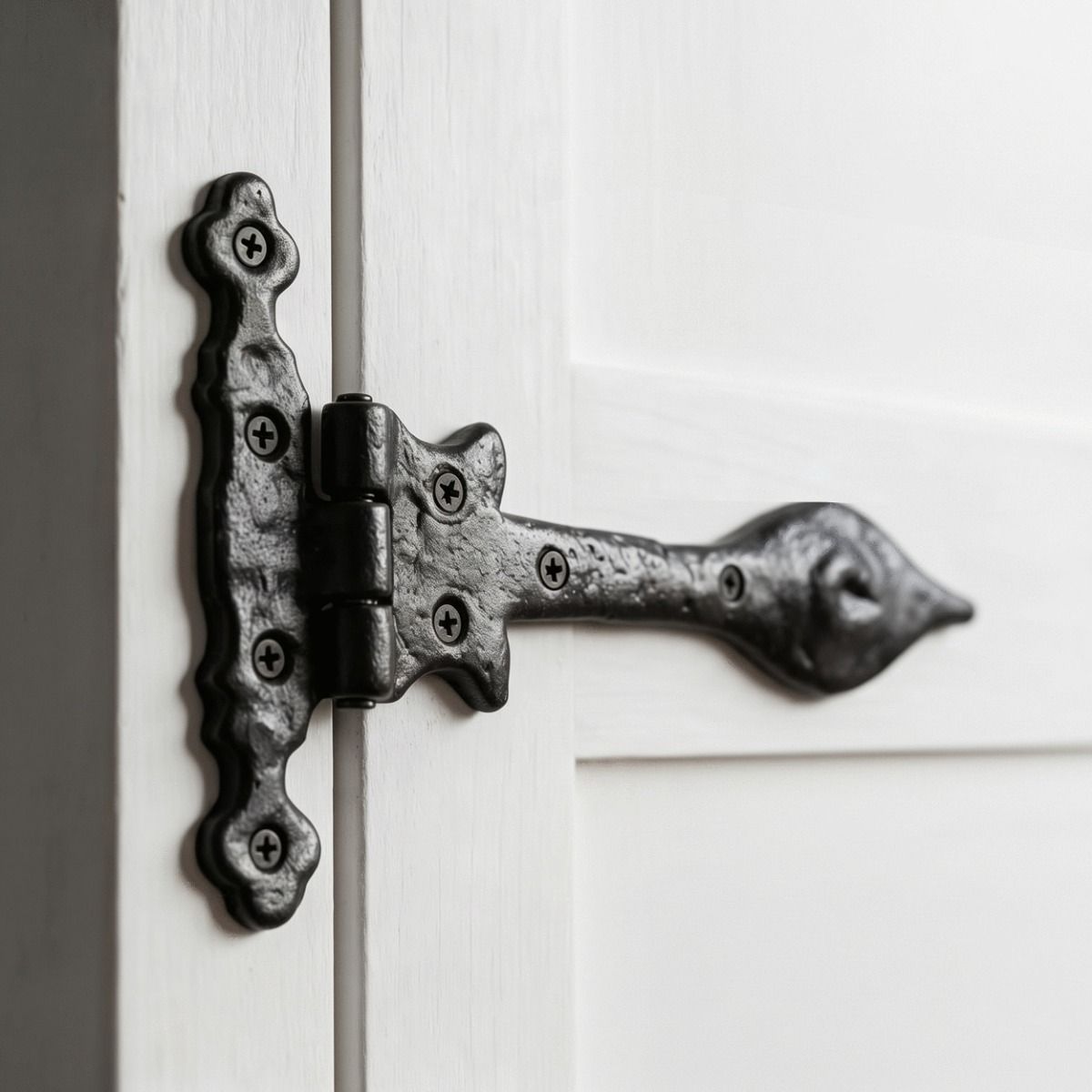 The Black Cast Iron Antique Door Hinge Pair Shown Close up on a Well Lit Wooden Door - Digital Illustration