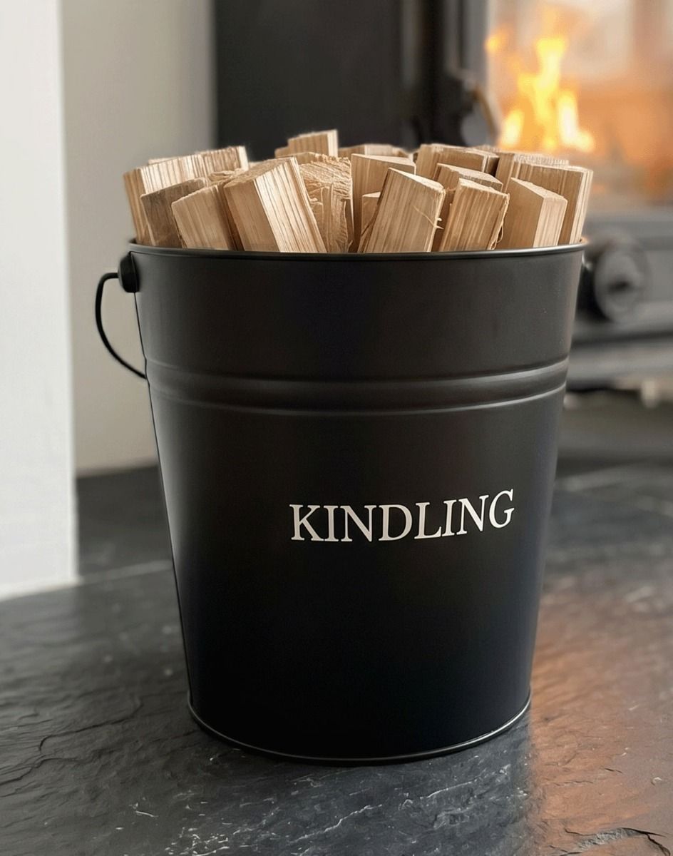 The Black Contemporary Kindling Bucket Filled with dried Wood ready for the Log Burner Stove - Digital Illustration