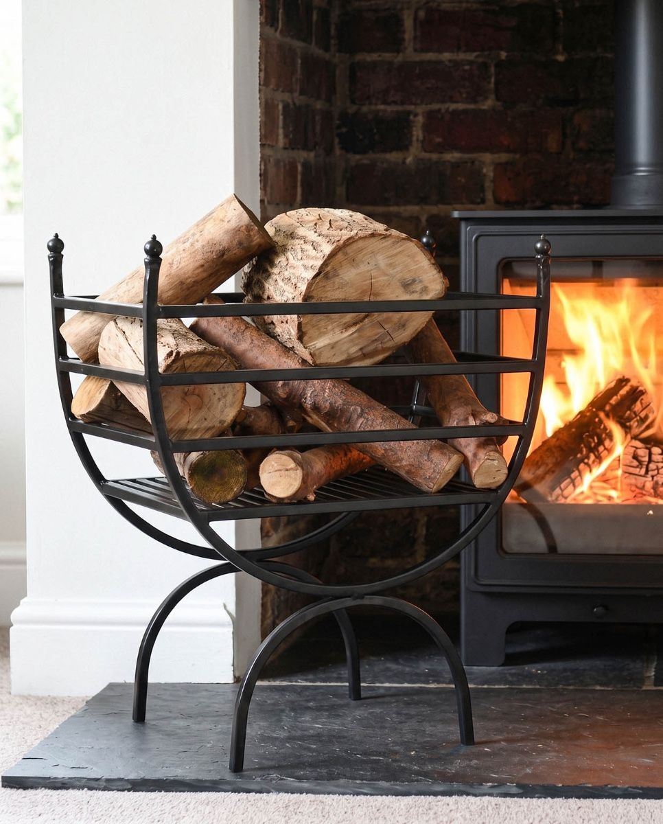 The Black Curved Iron Log Rack & Holder next to a White Fireplace with a Wood Burner Stove - Digital Illustration 