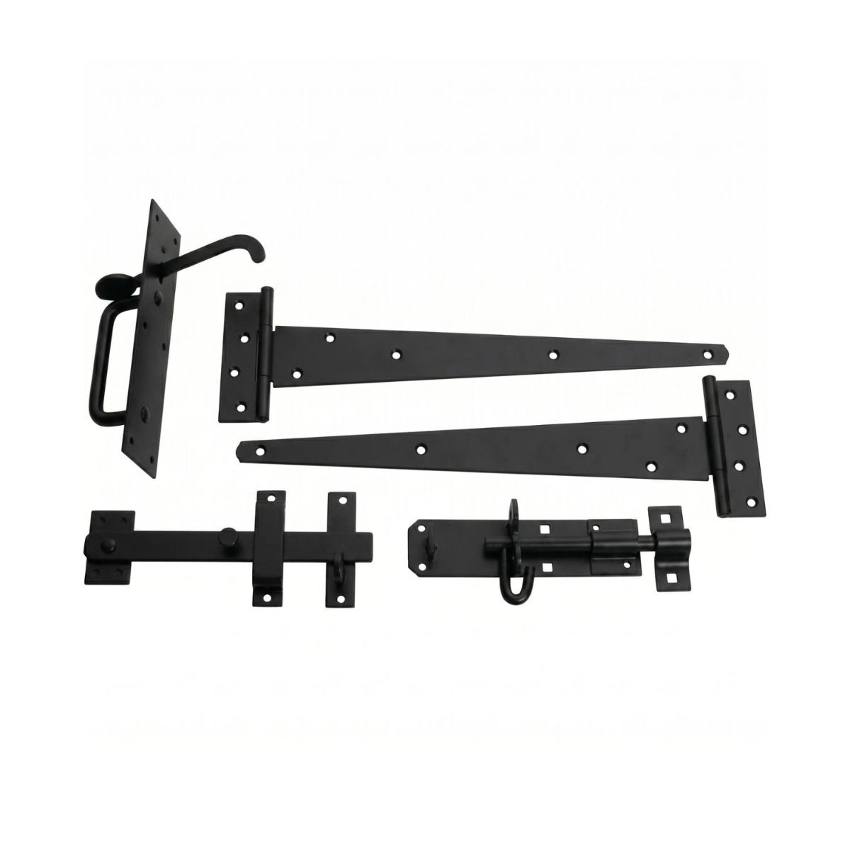 The Black Finish 450mm (18") Door Gate Hardware Kit - Complete Tee Hinges, Suffolk Latch & Lock Bolt Pack on a White Background 