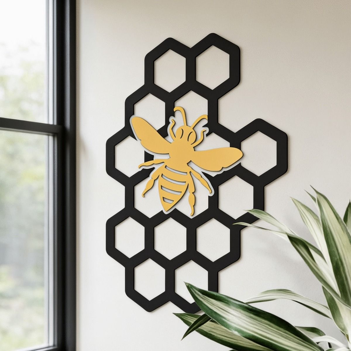 The Black & Gold Bee Honeycomb Wall Art next to a Houseplant in a Modern Interior Setting - Digital Illustration