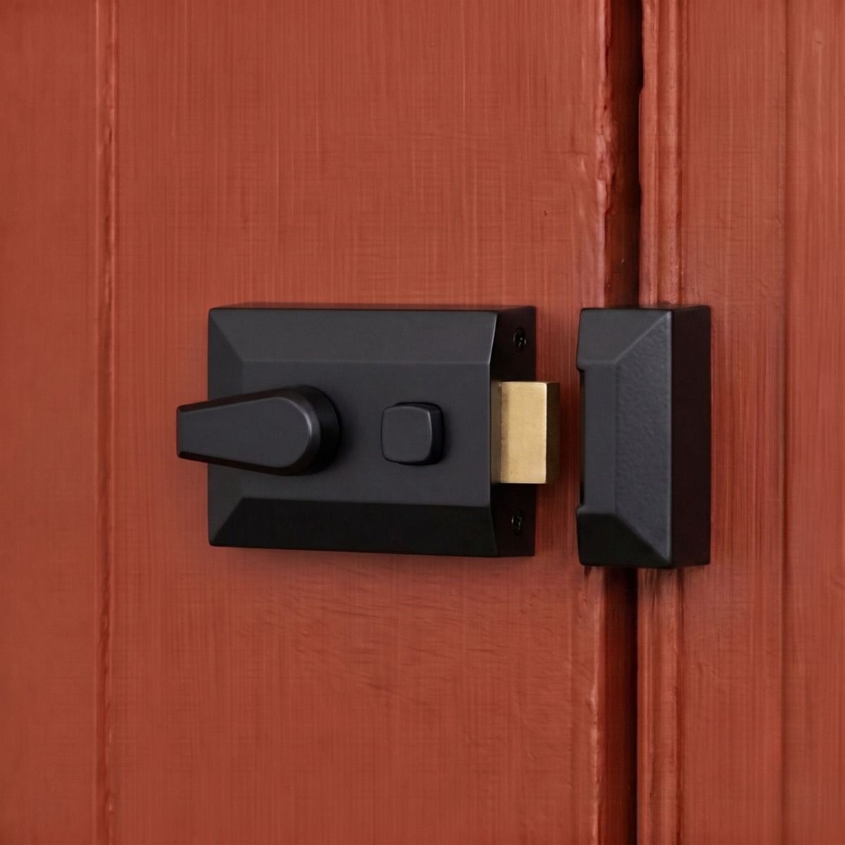 The Black Iron Door Night Latch on a Burnt Orange Coloured Country Home Door - Digital Illustration 