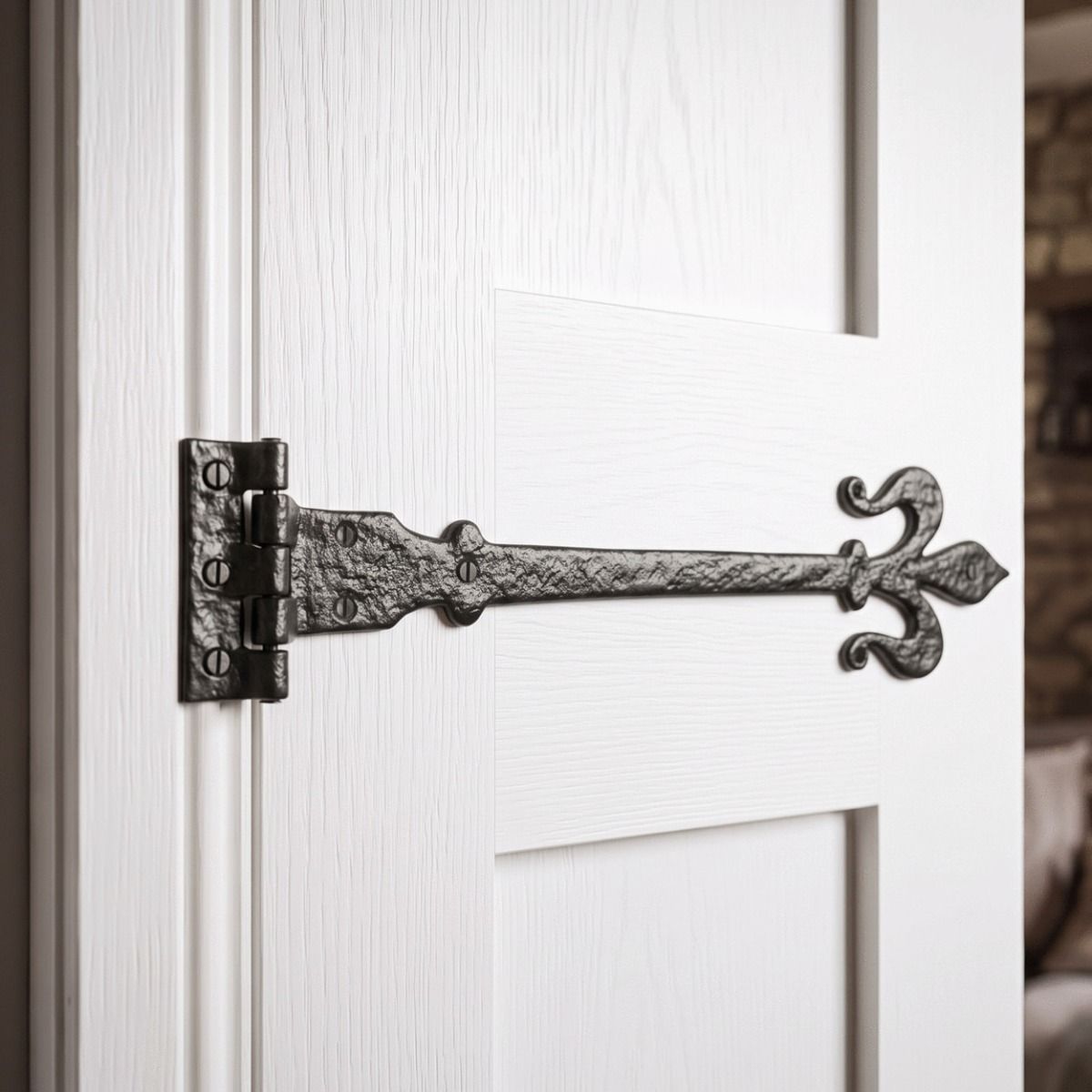 The Black Iron Fleur-De-Lys Hinge Pair Shown in a Modern Home.on a White Door - Digital Illustration
