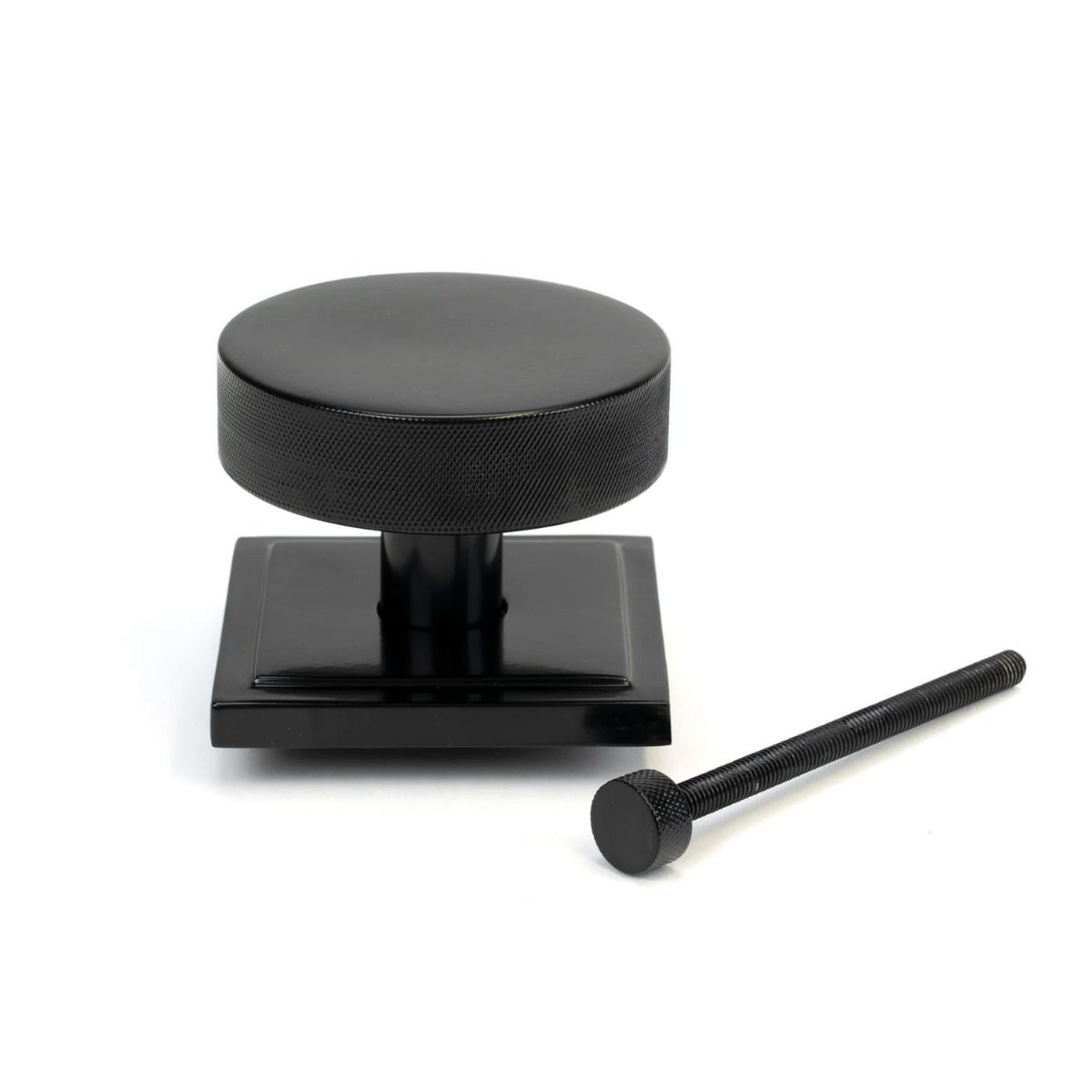 The Black Knurled Centre Door Knob on a Square Rose Displayed in Separate Sections 