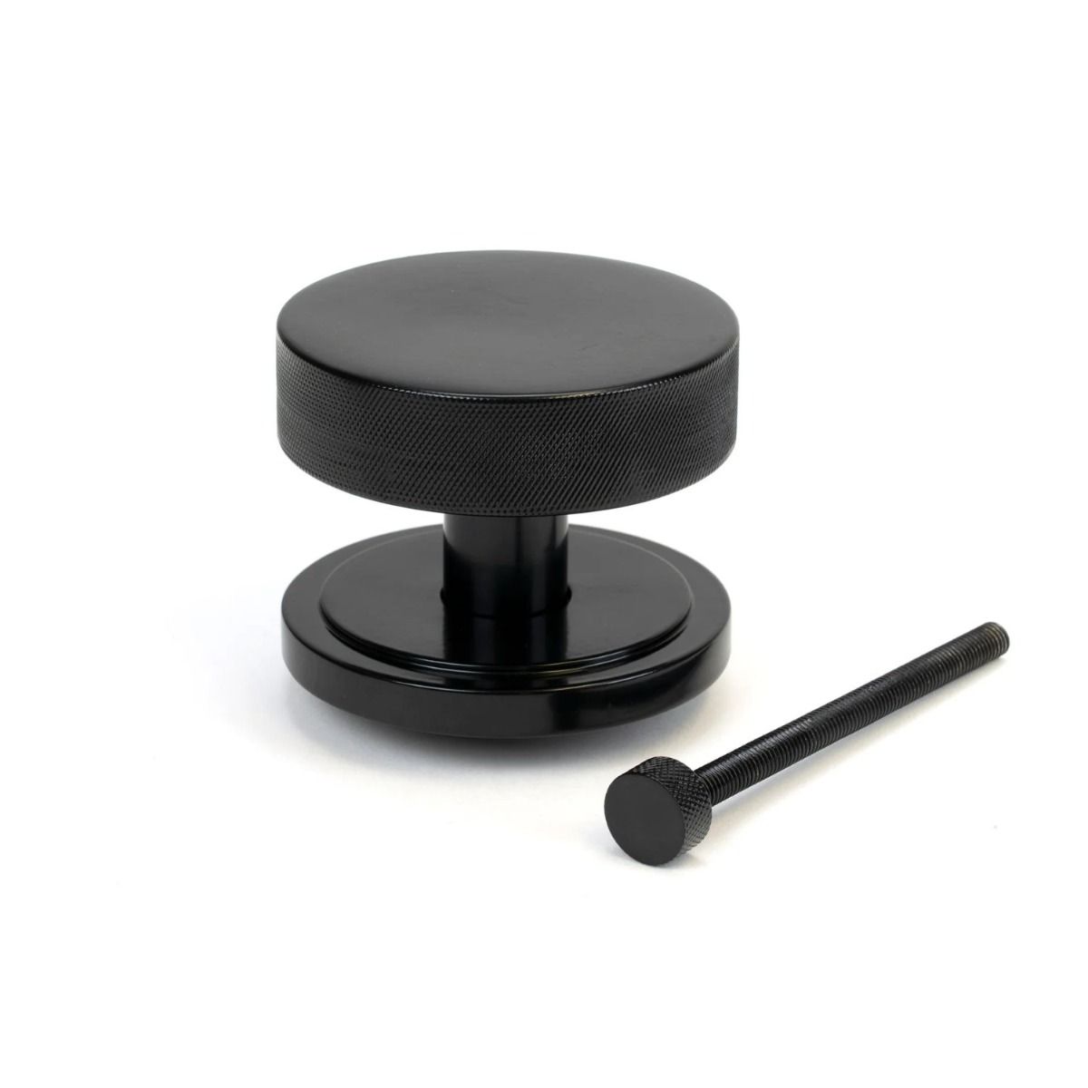 The Black Knurled Centre Door Knob on an Art Deco Rose with Bolt Fitting 