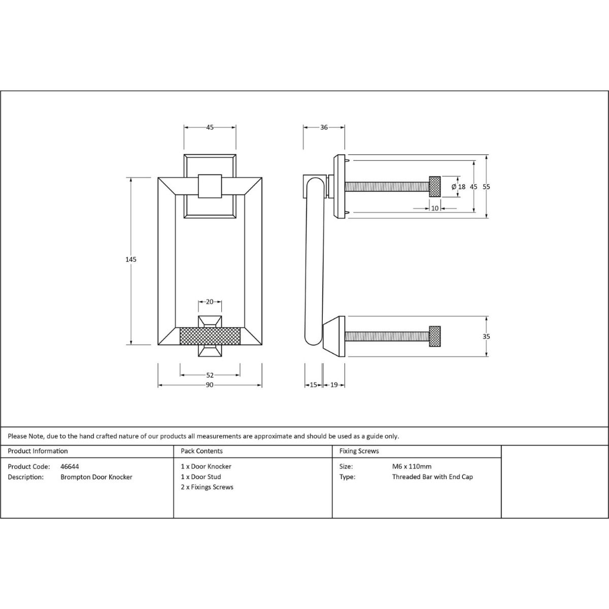 The Black Modern Knurled Rectangular Door Knocker Technical Drawings and Dimensions 