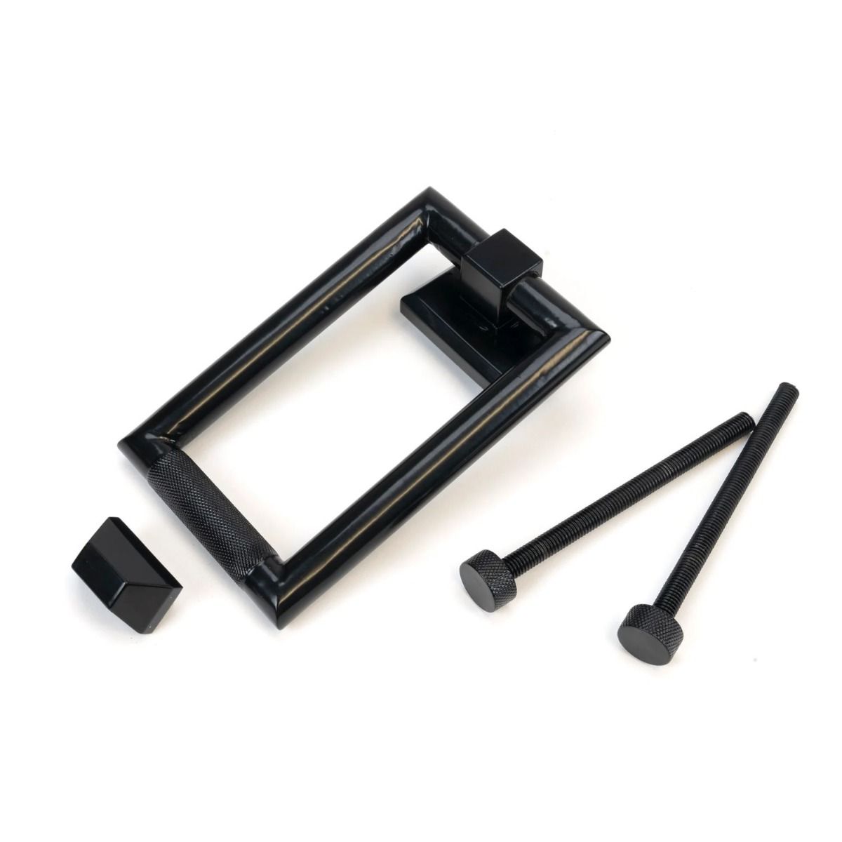 The Black Modern Knurled Rectangular Door Knocker with all Components 