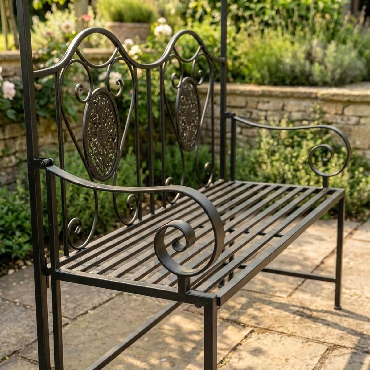 The Black Regency Traditional Metal Garden Canopy Set Close up of the Bench - Digital Illustration 