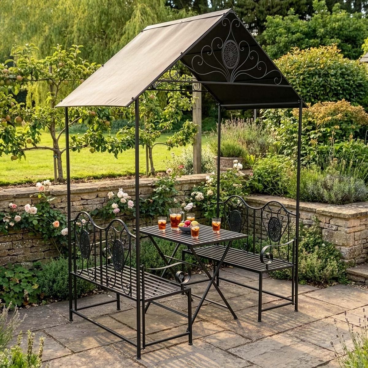The Black Regency Traditional Metal Garden Canopy Set in a Sunny Walled Garden - Digital Illustration 