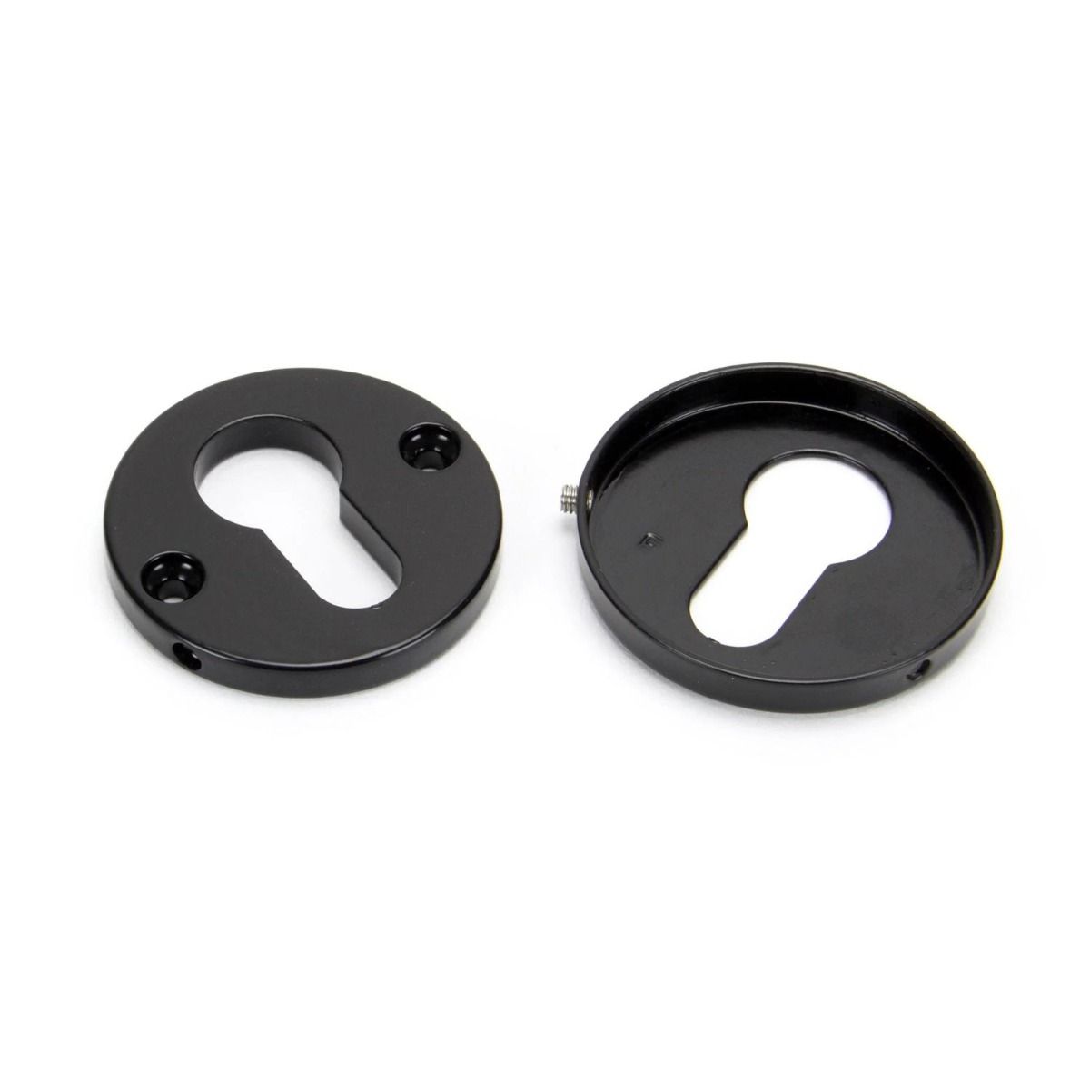 The Black Round Concealed Euro Profile Escutcheon on a White Background Showing the Front and the Back 