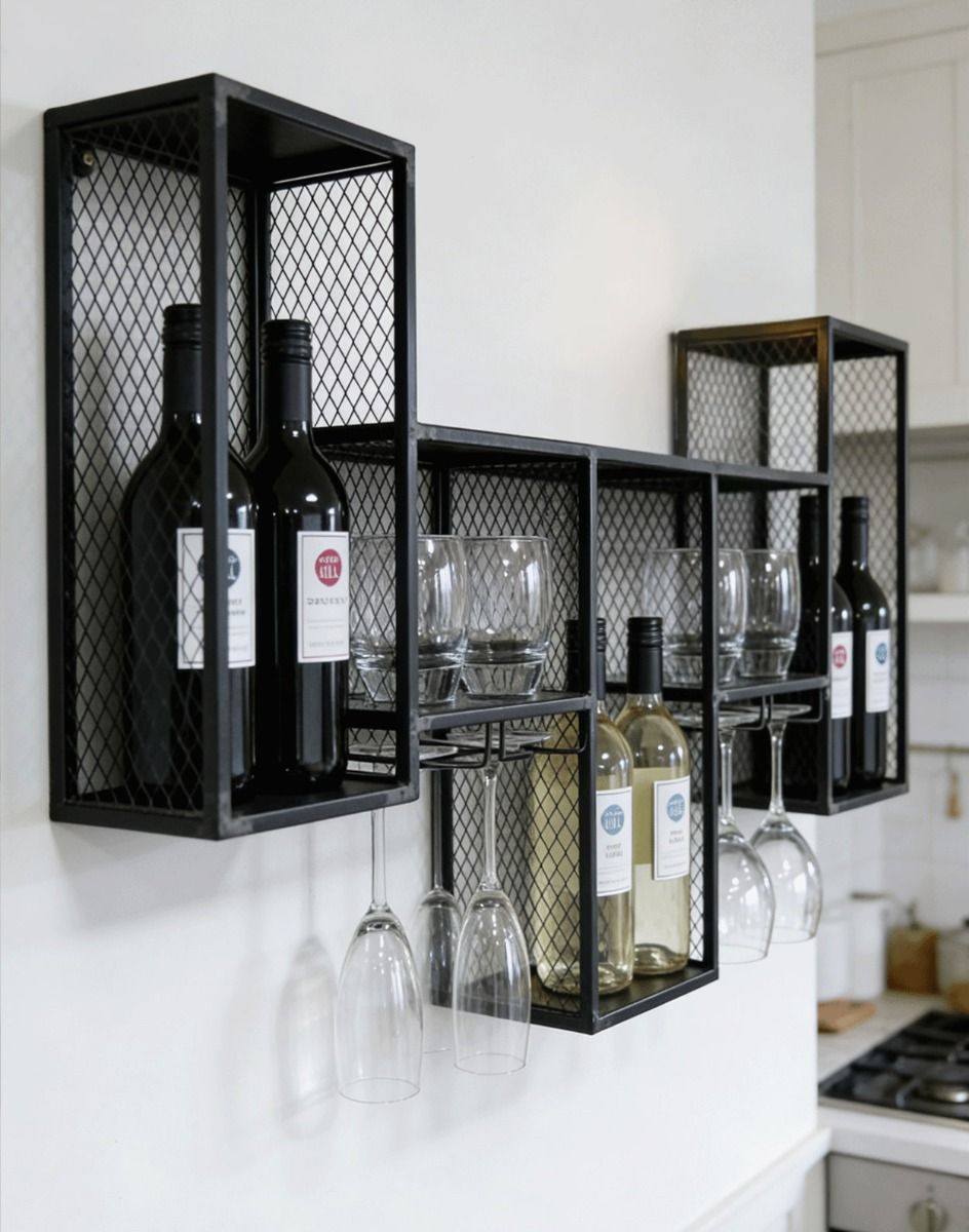 The Black Rustic Industrial Cage Wall Mounted Wine Cabinet Fitted on a Modern White Kitchen Wall with a Selection of Wine Bottles on Display - Digital Illustration