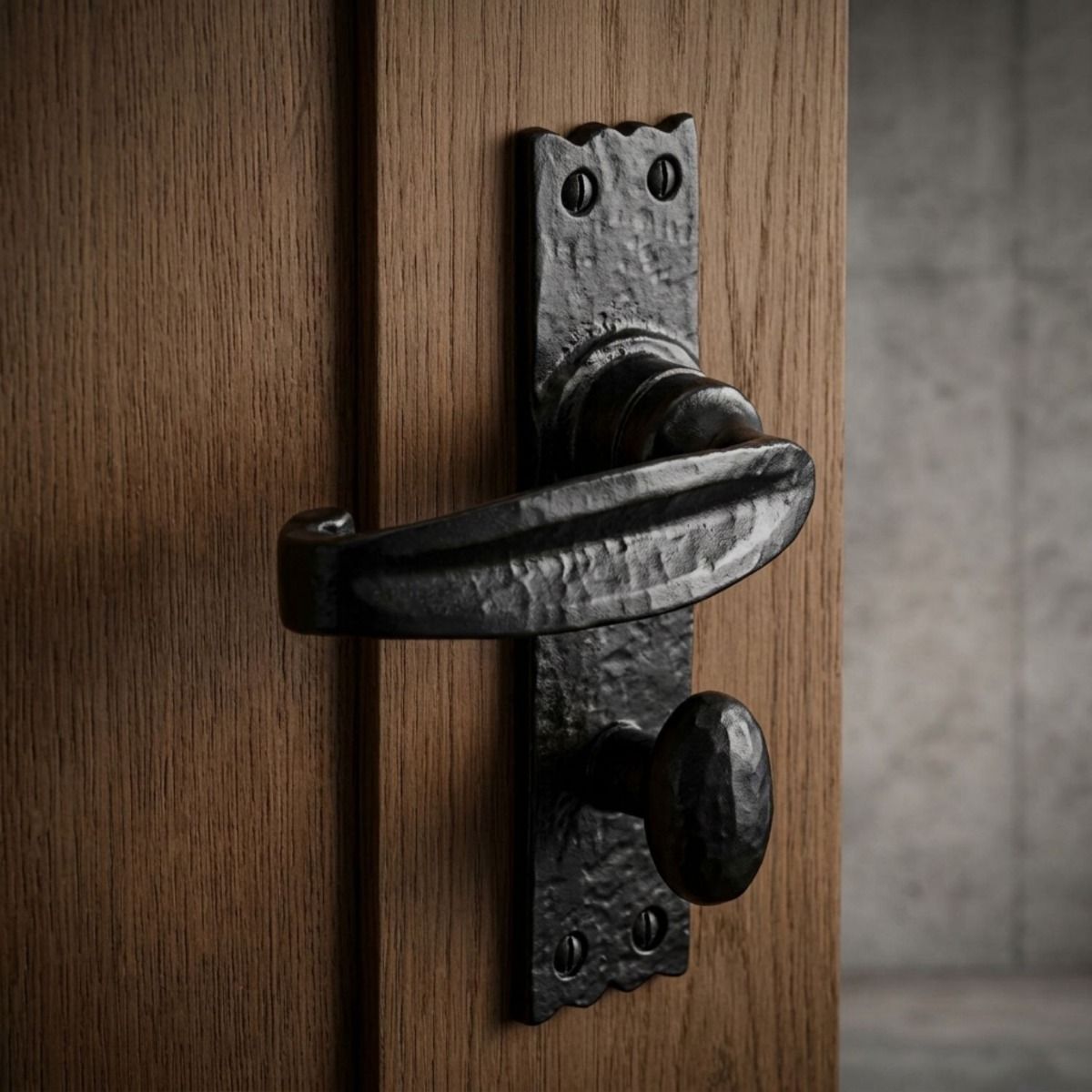 The Black Scalloped Lever Bathroom Door Handle Mounted on a Door Leading to a Modern Bathroom - Digital Illustration