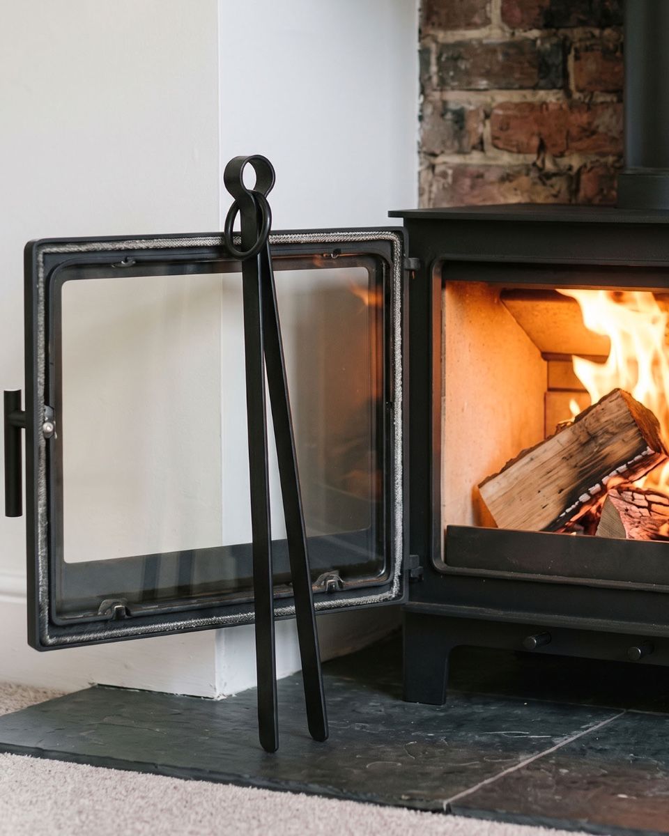 The Black Simplistic Fireside & Firepit Tongs Leaned up against a Log Basket on a Fireplace - Digital Illustration