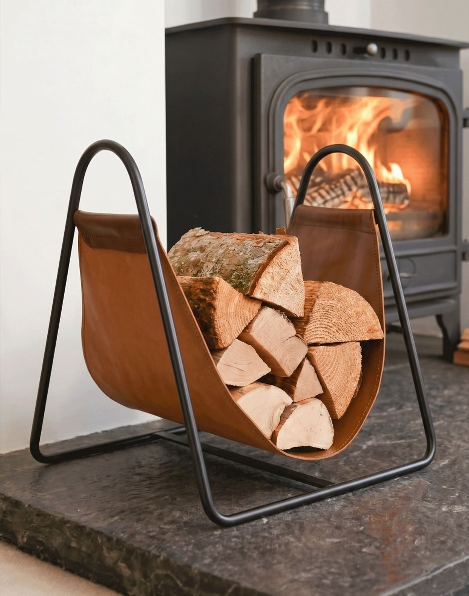 The Black Steel & Brown Leather Log Holder in a Modern Home next to a Log Burner Stove - Digital Illustration