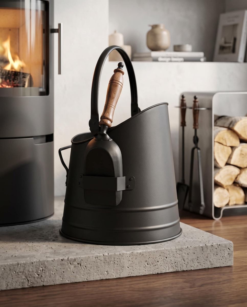 The Black Steel Coal Bucket With Traditional Shovel in a Modern Living Room Next to a Log Burner Stove - Digital Illustration 
