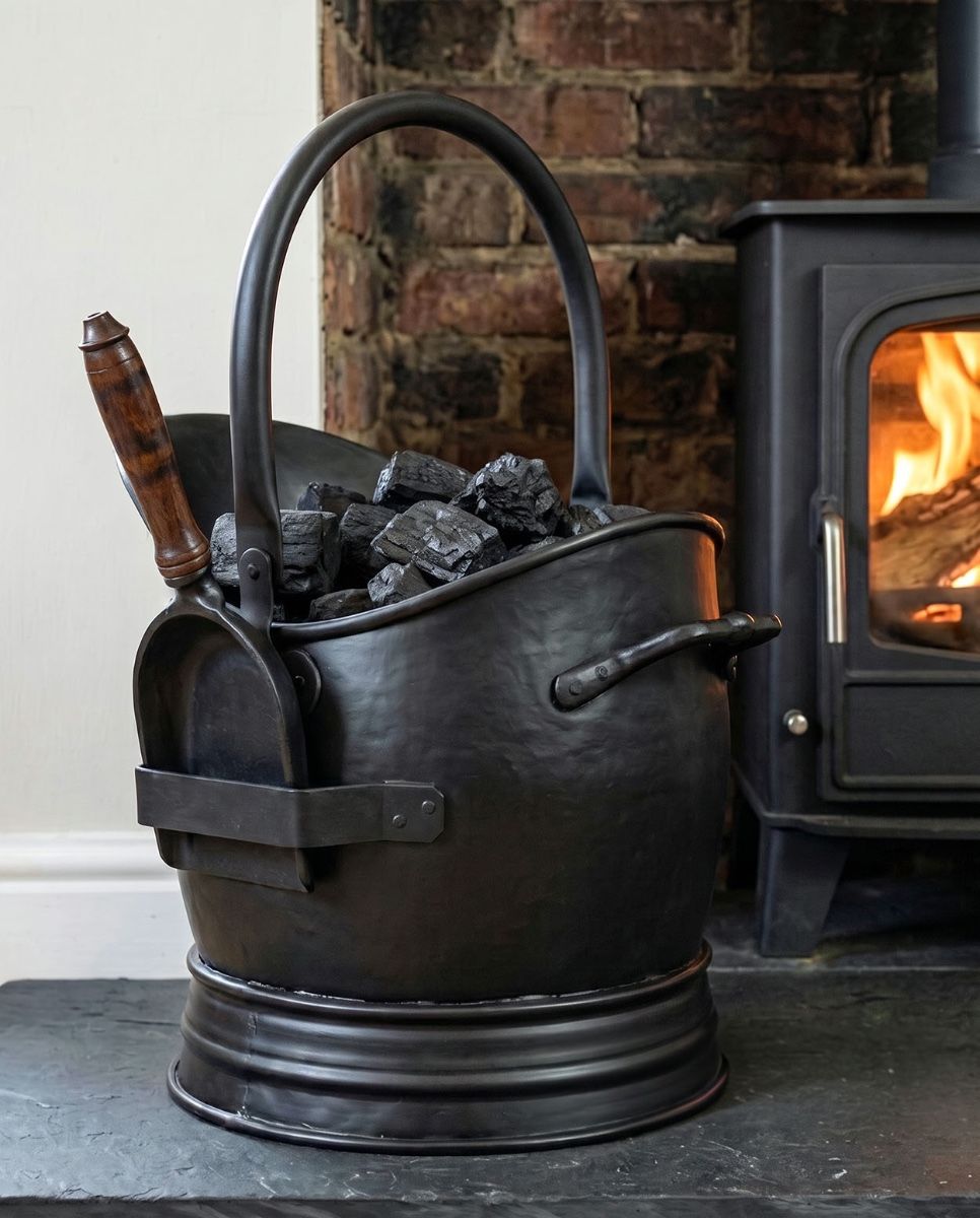 The Black Traditional Coal Bucket With Shovel in Front of a Modern Fireplace - Digital Illustration