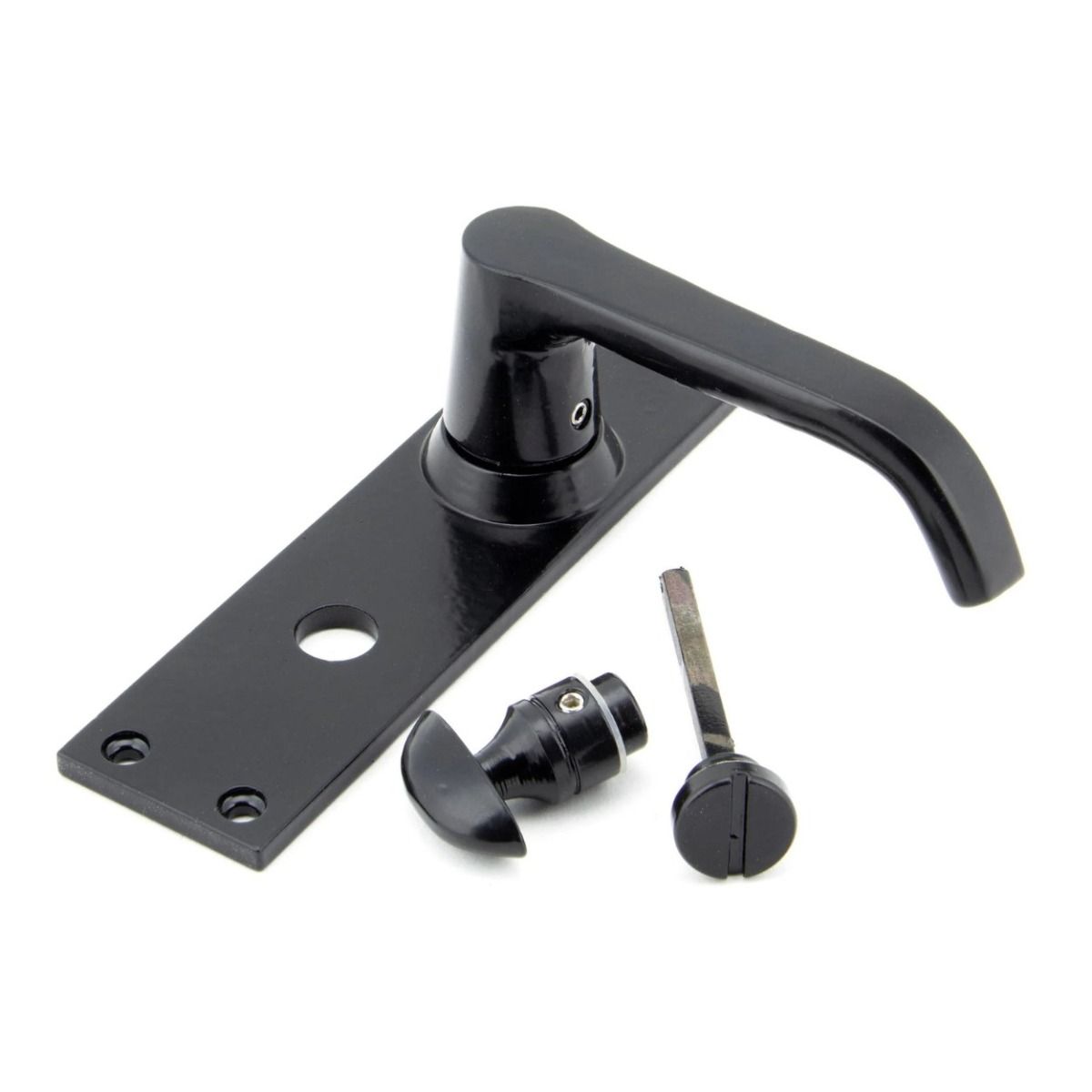 The Black Traditional Curved Privacy Lock Handle Set on Rectangular Backplate Shown on its Side 
