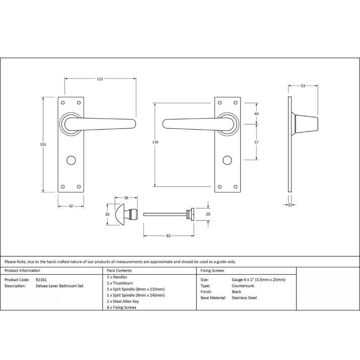 The Black Traditional Curved Privacy Lock Handle Set on Rectangular Backplate Technical Drawings and Dimensions 
