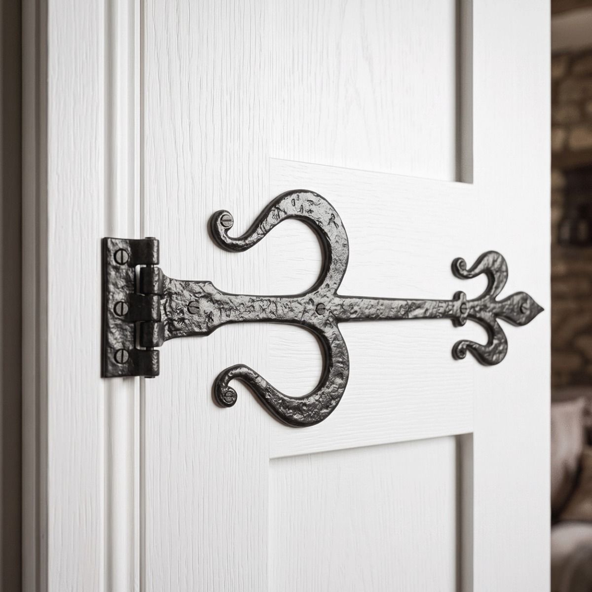 The Black Traditional Fleur-De-Lys Iron Door Hinges Shown Fitted on a Bright White Door in a Cosy Modern Home - Digital Illustration 