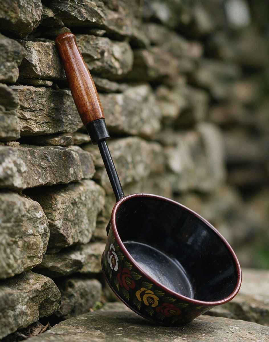 The Black Traditional Narrowboat Dipper Leant Against a Wall Outside - Digital Illustration 