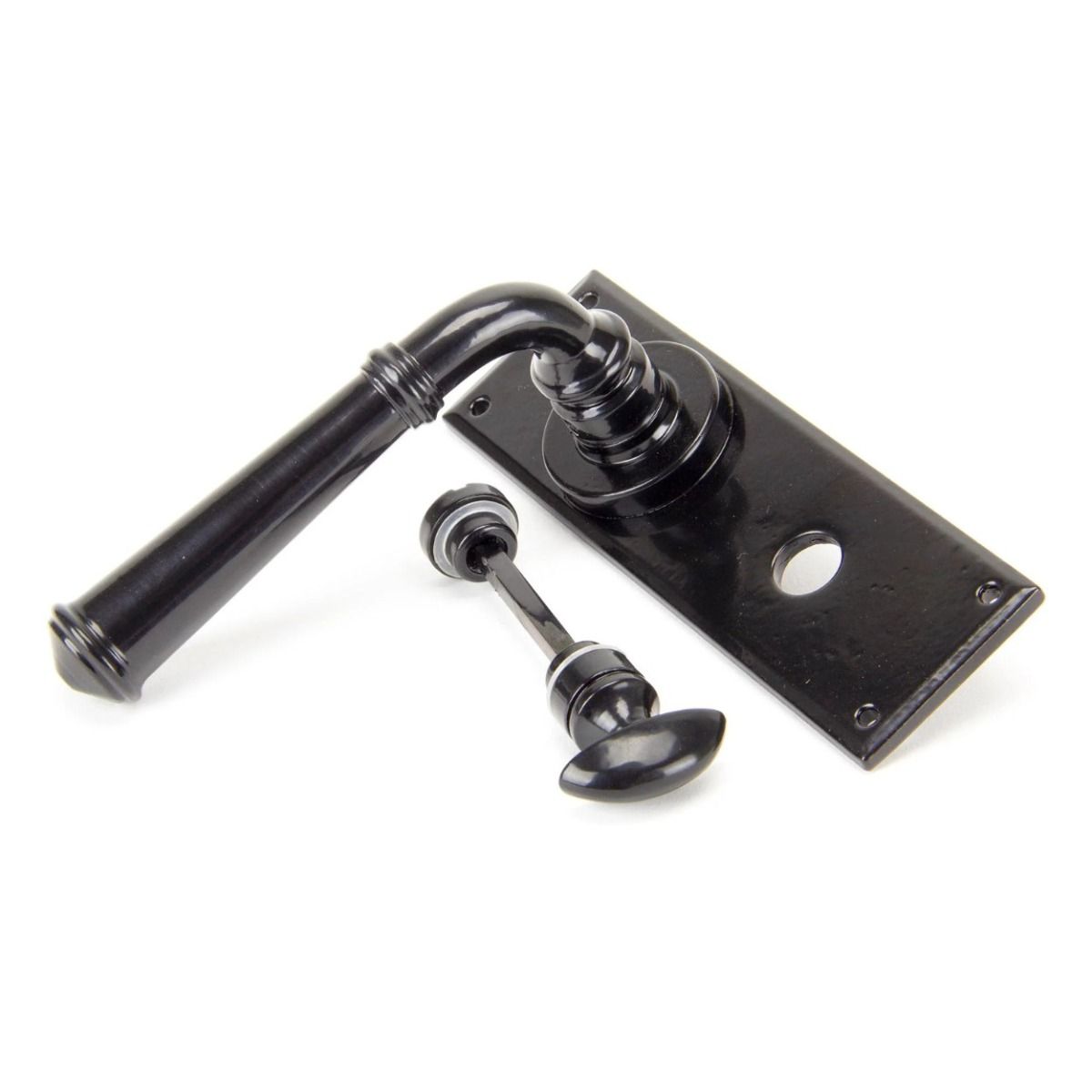 The Black Traditional Reeded Detail Bathroom Privacy Lock Handle Set Shown on its Side 