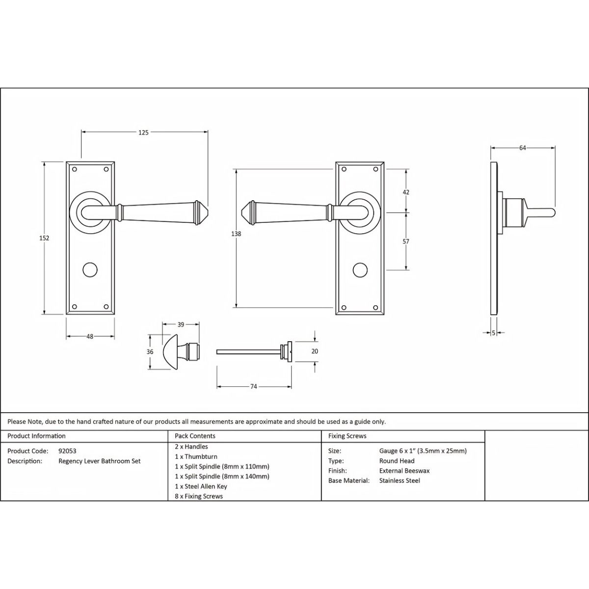 The Black Traditional Reeded Detail Bathroom Privacy Lock Handle Set Technical Drawings and Dimensions 