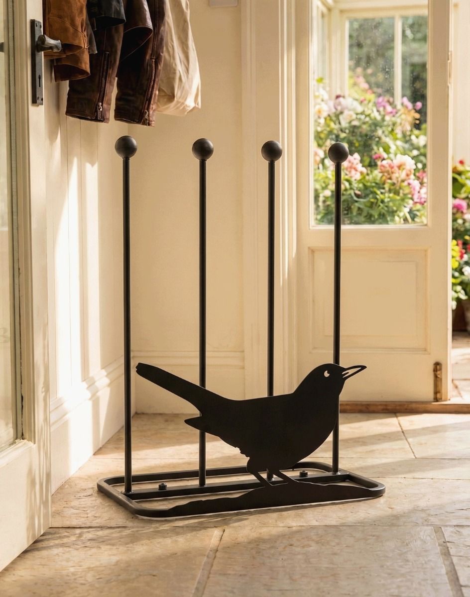 The Blackbird Steel Boot Rack on a Stone Tiled Home Hallway - Digital Illustration 