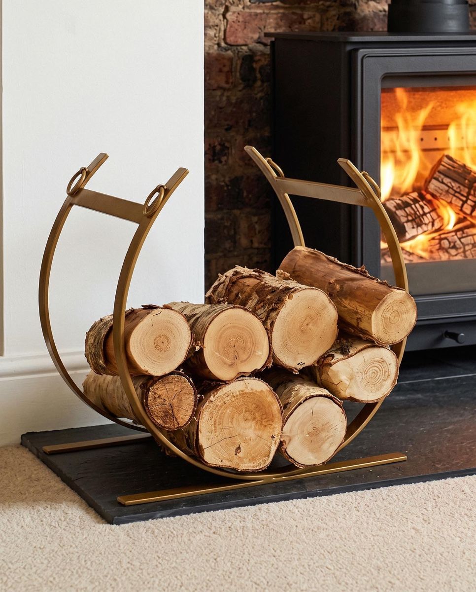 The Blacksmith Brass Finish Curved Log Rack next to a Country Cottage Fire place - Digital Illustration 