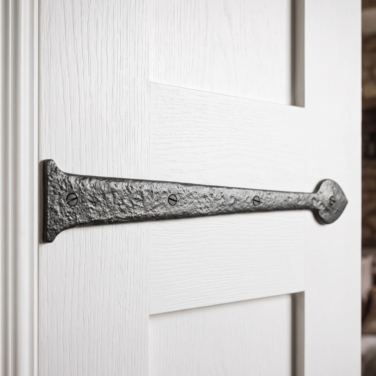 The Blacksmith Inspired Iron Hinge Front Fitted onto the Front of a Bright White Internal Door to Create a Traditional Look - Digital Illustration 