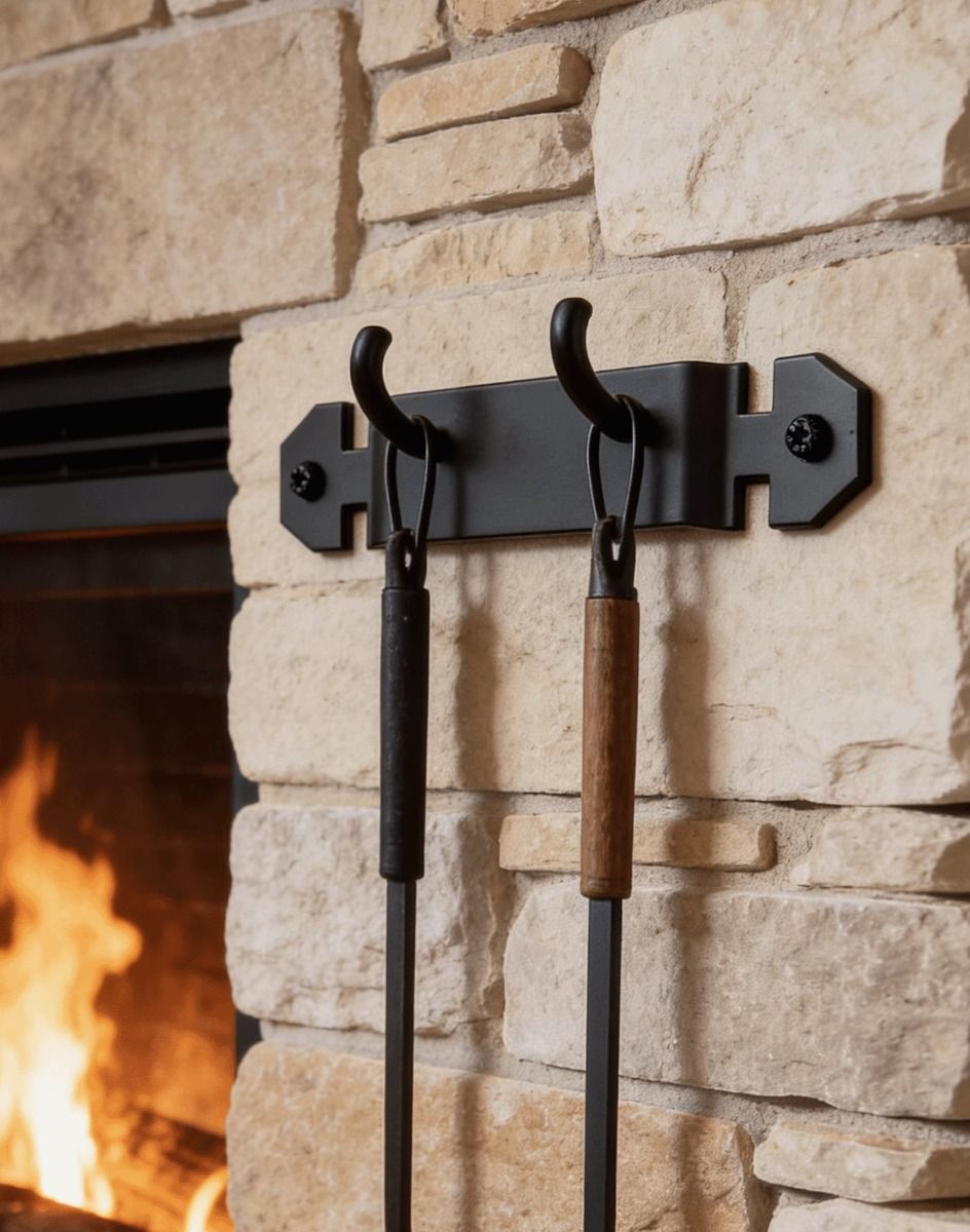 The Blacksmith Style Two Hook Tool Rack Mounted on a Stone Wall Next to a Lit Fireplace - Digital Illustration