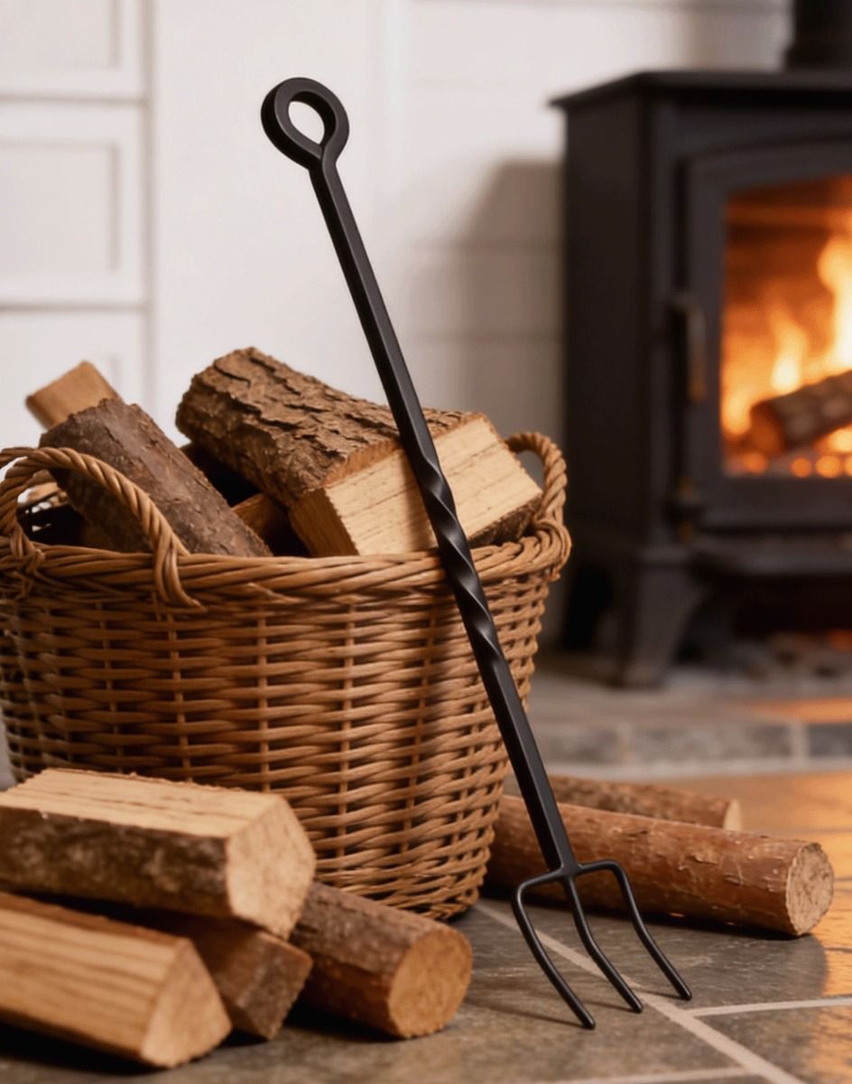 The Blacksmith Toasting Fork in Front of a Lit Log Burner Stove in a Country Home - Digital Illustration 