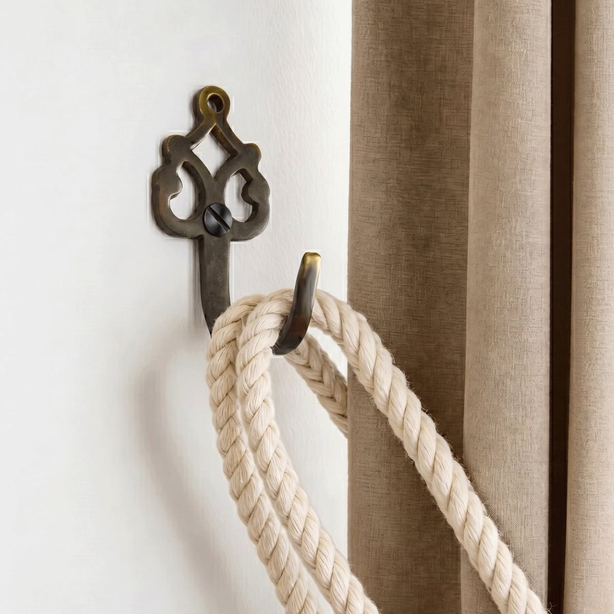 The ’Blaneau’ Curtain tie back Mounted on a Modern White Interior Home wall - Digital Illustration