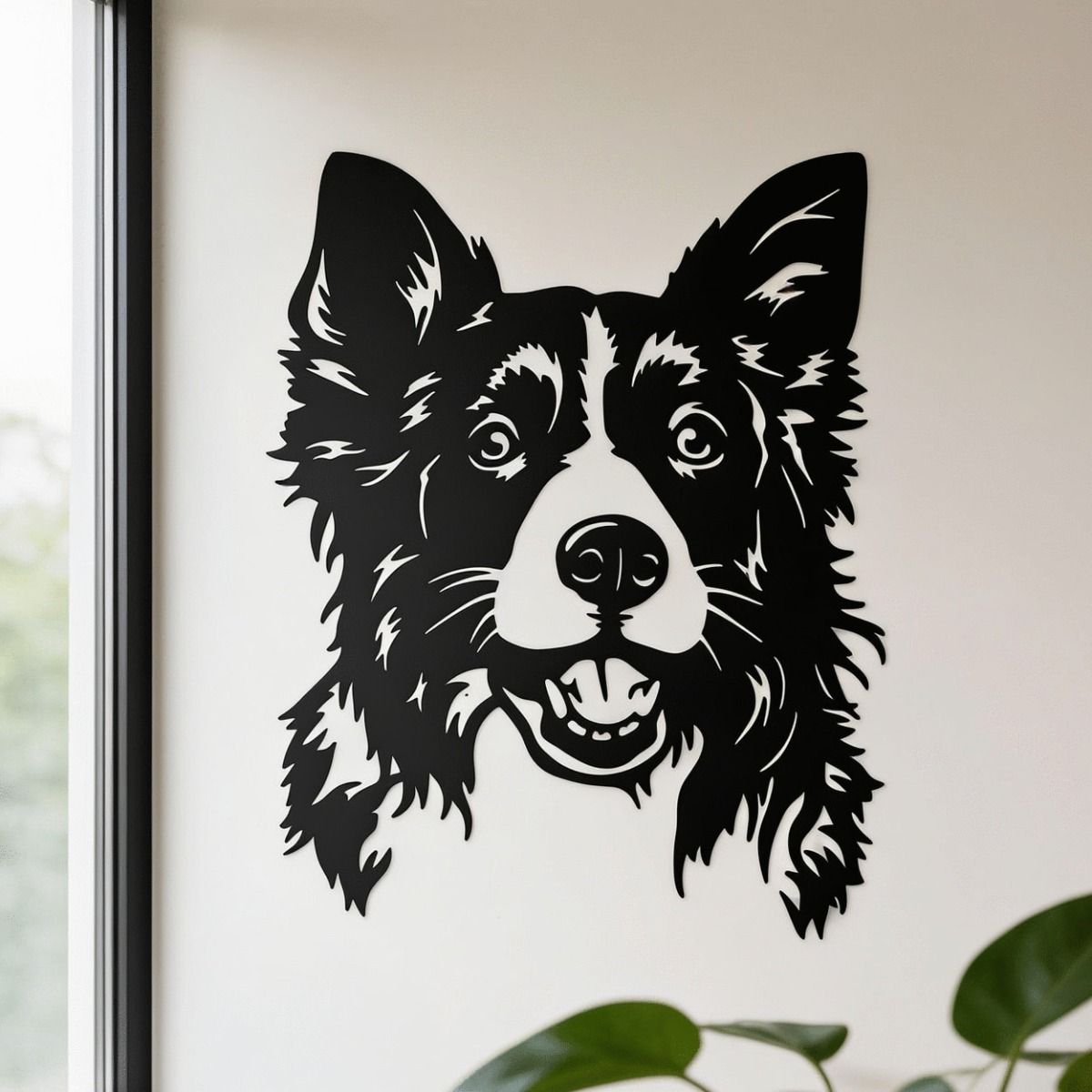 The Border Collie Wall Steel Art next to a Window in a Cream Coloured Living Room - Digital Illustration 