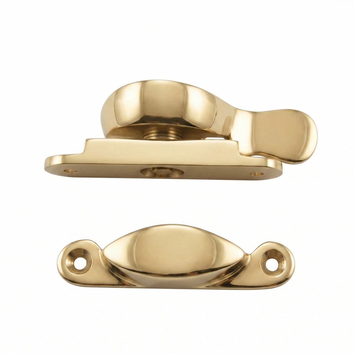 The Brass Fitch Sash Window Fastener on a White Background displaying both an Underside Profile and the Catch - Digital Illustration 