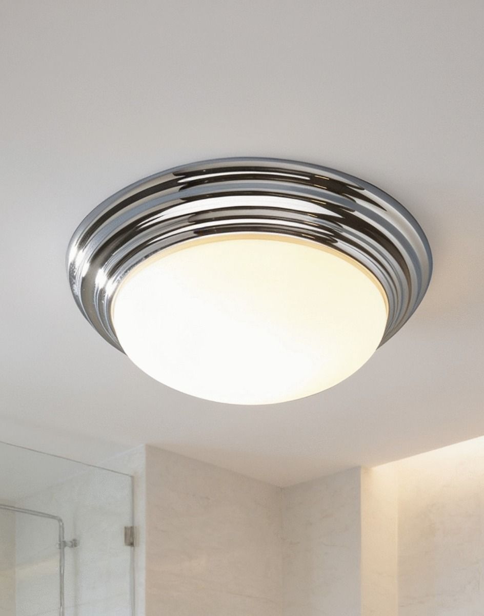 The Bright Chrome Domed Bathroom Light Mounted on a White Ceiling next to a Shower - Digital Illustration 