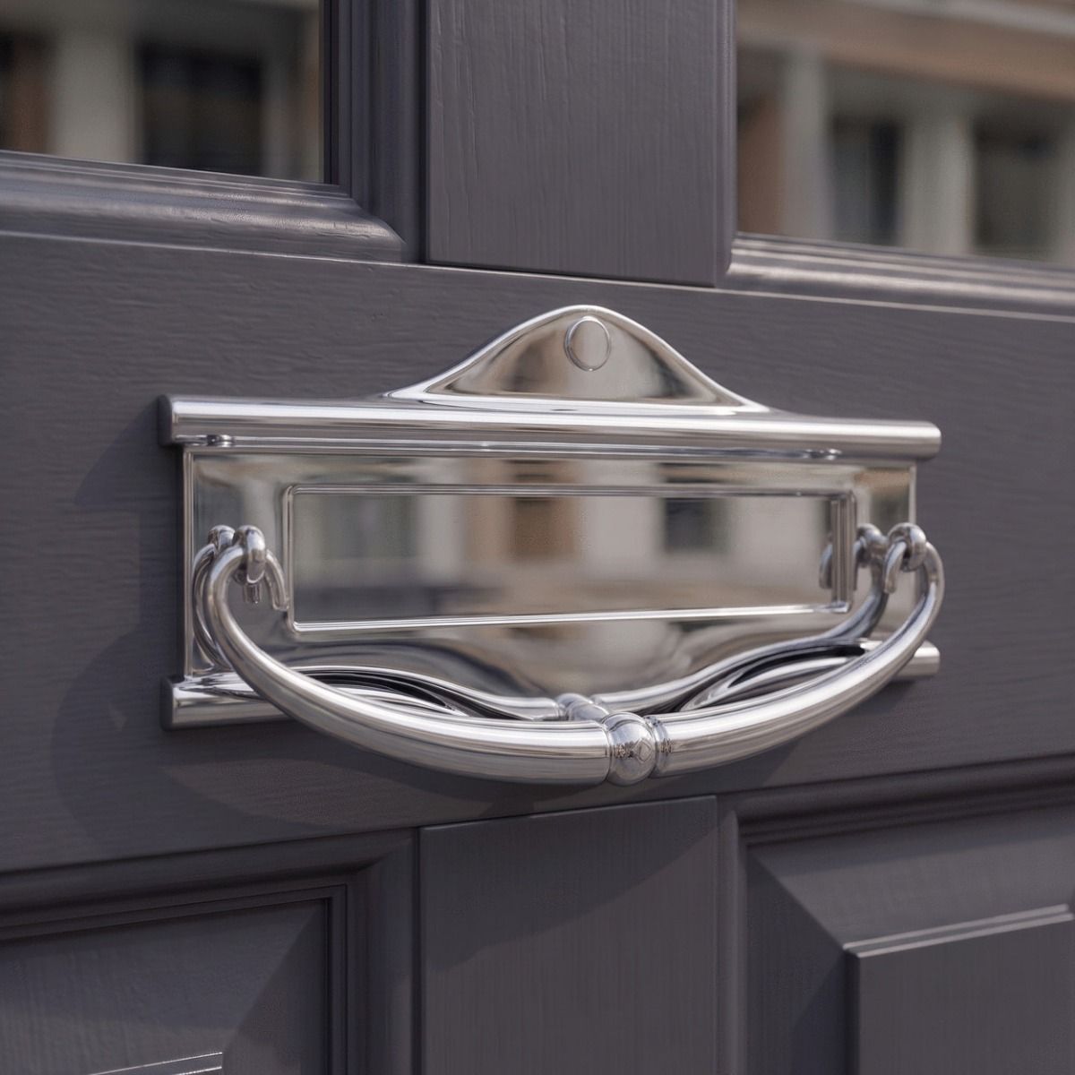 The Bright Chrome Letter Plate & Knocker on a Grey Painted Front Door on a Period Property - Digital Illustration