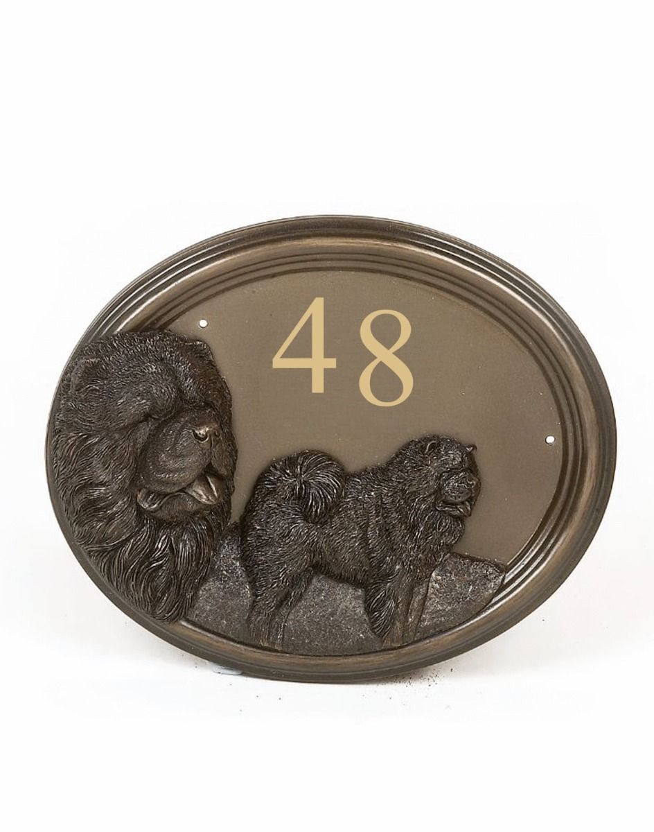 The Bronze Finish Chow Chow House Number Sign on a White Background 