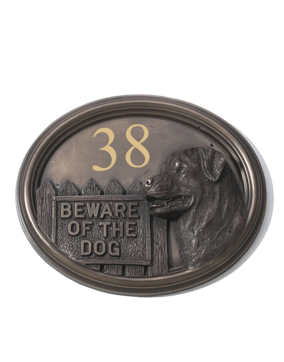 The Bronze Finish Rottweiller House Number Sign on a White Background 