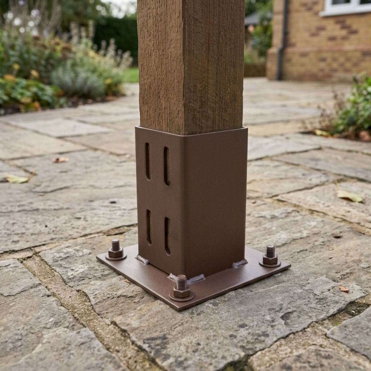 The Brown Bolt Down Fence Post Support shown on a Stone Patio - Digital Illustration 