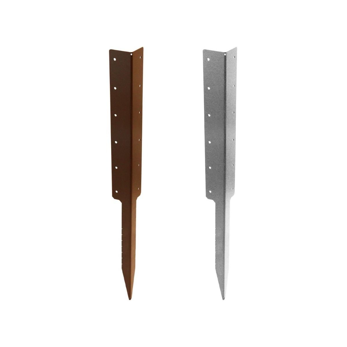 The Brown Heavy Duty Railway Sleeper Corner Spikes next to a Galvanised version - Right Angle Timber Raised Bed Anchors on a White Background 