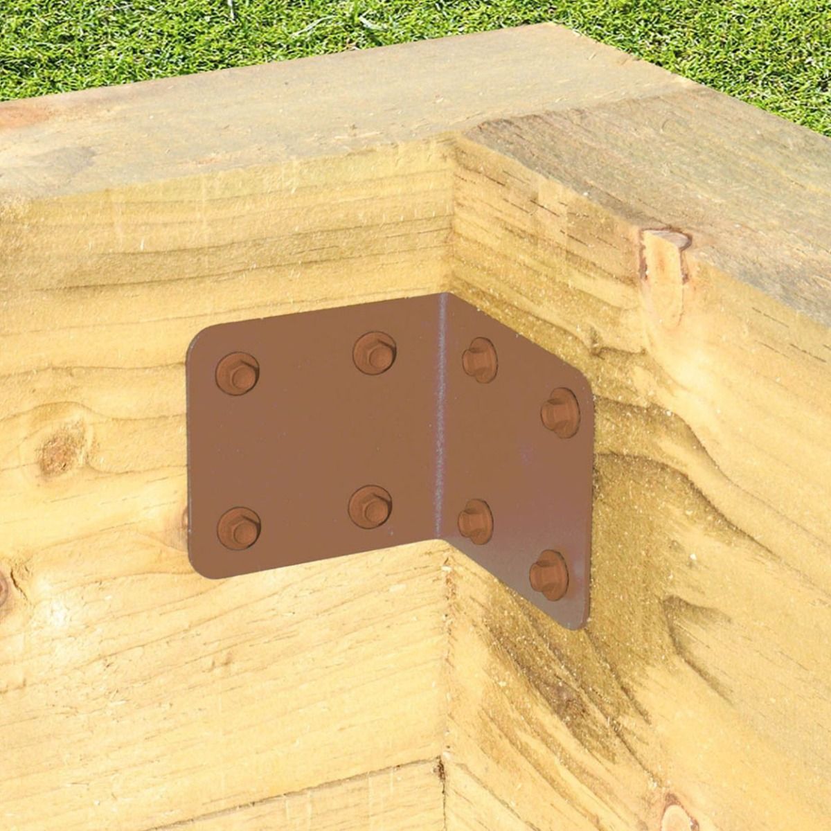 The Brown Railway Sleeper Internal Corner Support Bracket Fixed on a White Background a Wooden Raised Planter