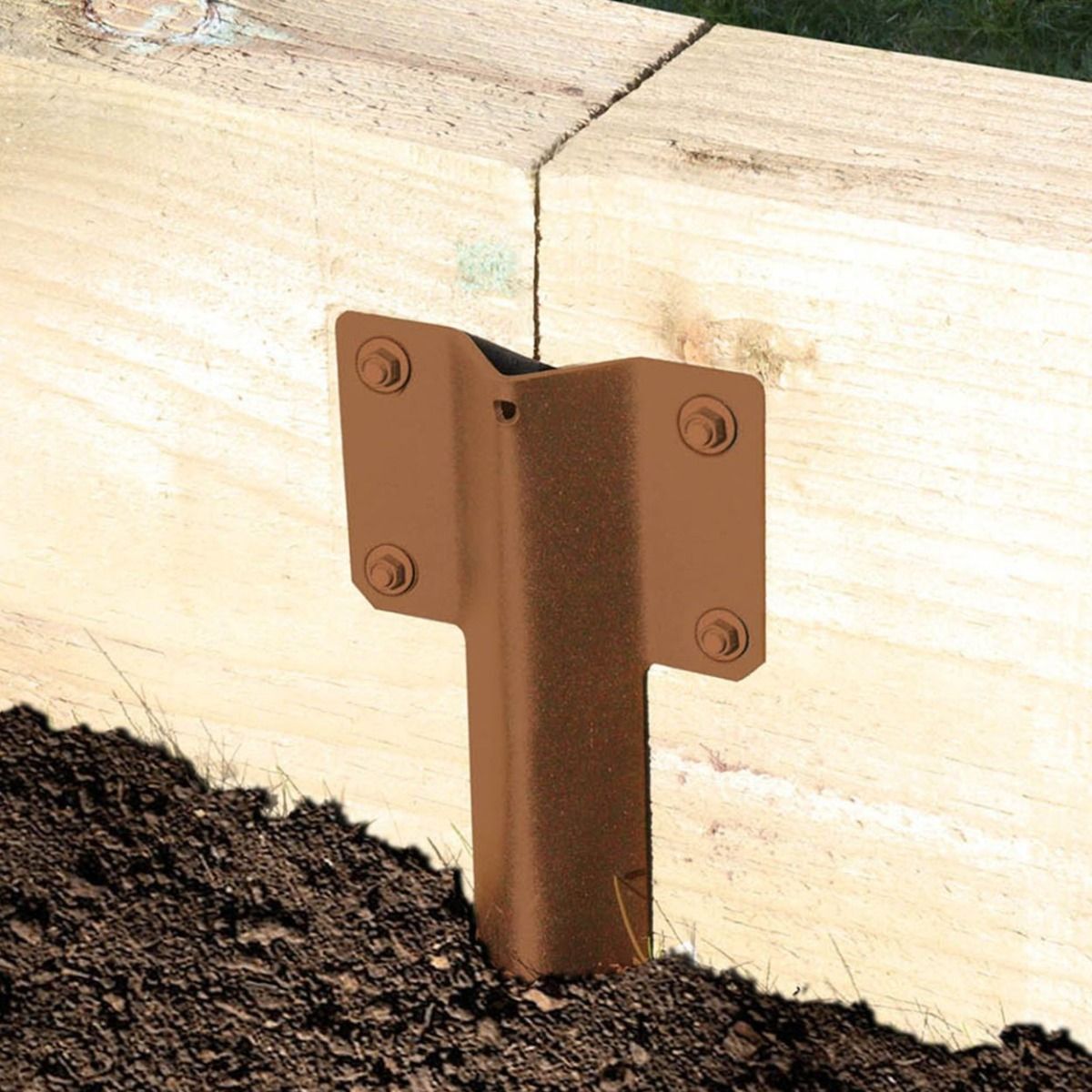 The Brown Railway Sleeper Straight Inline Spikes - Single in the Ground next to a Railway Sleeper Planter