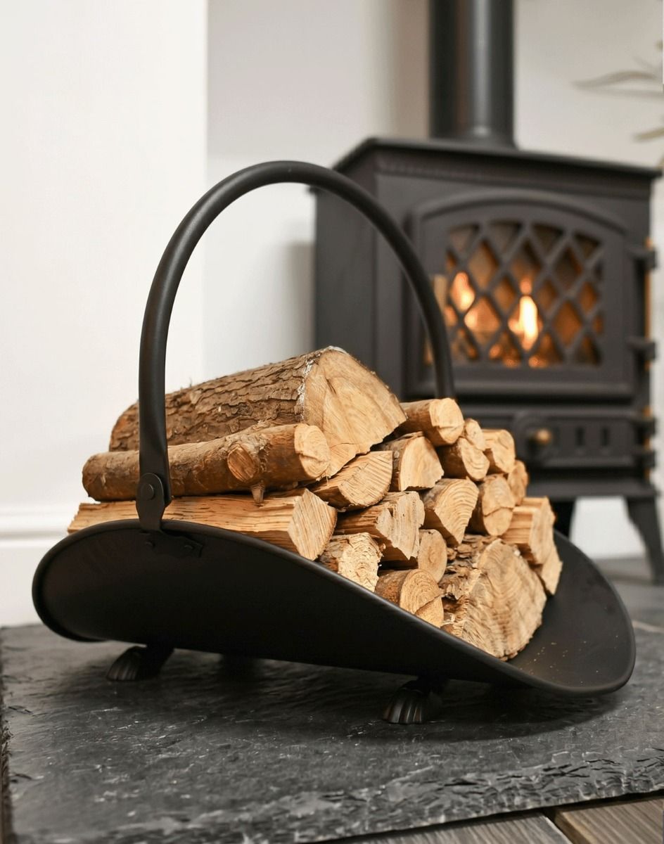 The Buckley Log Basket with Logs and Kindling in Front of a Stove Log Burner - Digital Illustration 