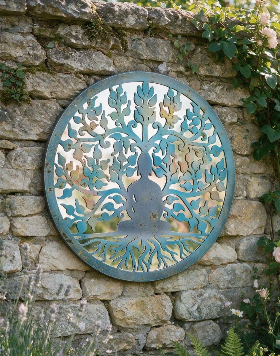 The Buddha and The Tree of Life Mirrored Garden Wall Art Mounted on a Shady Stone Wall in a Garden - Digital Illustration 